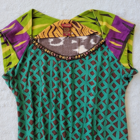 Julie G Top Beaded Neck Tee Green Brown Mixed Media Patchwork Cap Sleeve Tee M - Picture 2 of 8